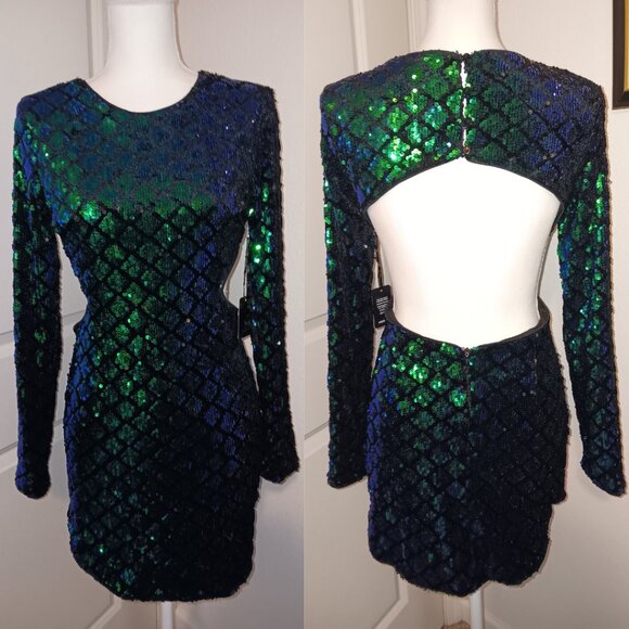 NWT FOREVER 21 Mermaid Sequin Open Back Mini Dress - After Dark Collection - M - Picture 3 of 12